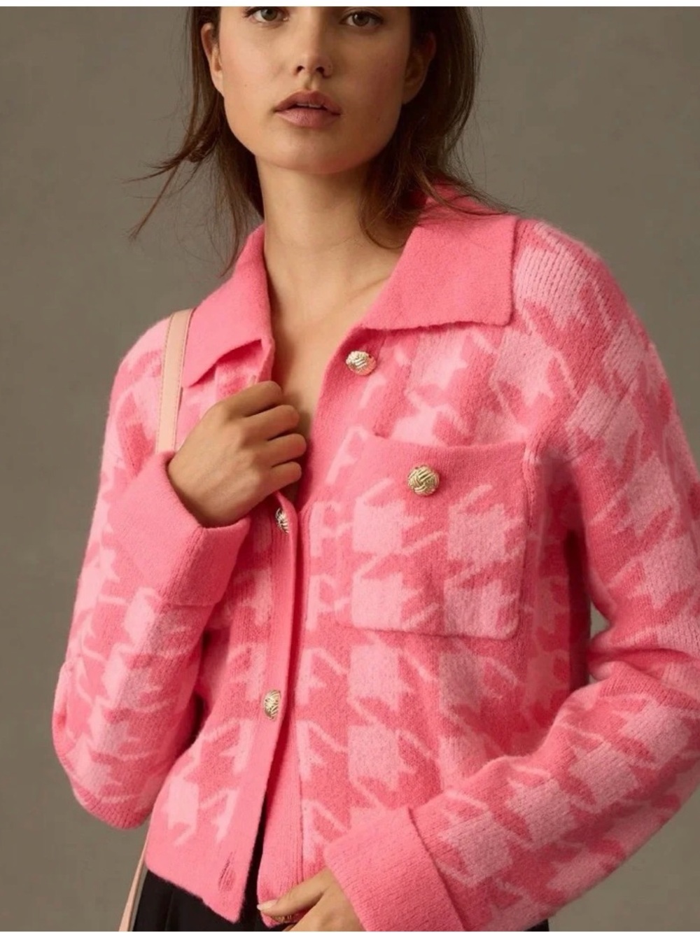 English Factory Cropped Pink Houndstooth Knit Jacket